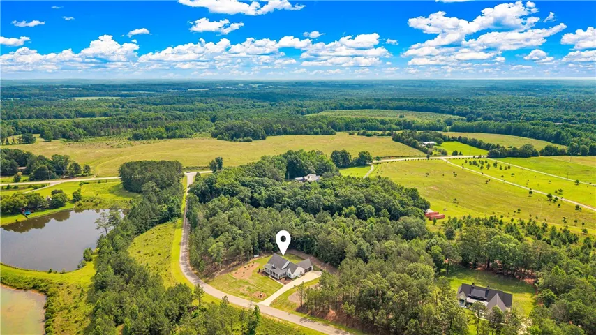 An aerial panorama reveals a serene residence nestled amidst verdant fields and a tranquil pond, offering expansive outdoor living.