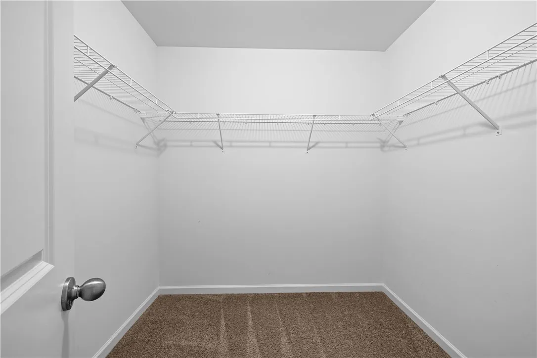 Functional wire shelving and soft carpeting define this practical closet space.