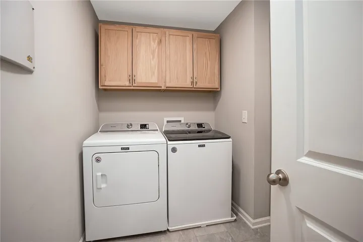 Ample storage solutions and essential laundry appliances create a practical utility space.