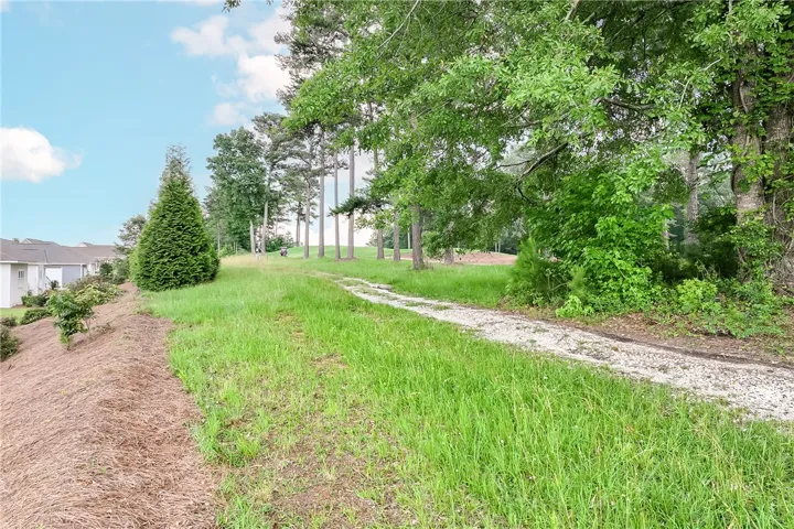 Mature trees line the gravel path, leading to serene homes in the distance.
