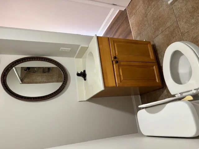 Functional bathroom with a vanity and wall-mounted mirror offers practical amenities.