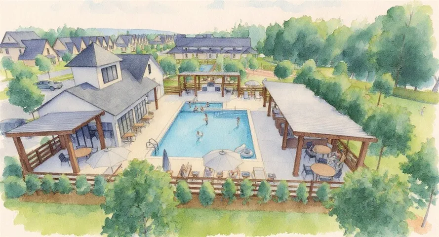 Proposed Watercolor of Auburn Farms Clubhouse & Pool - All plans, pricing and specifications are subject to change without notice.