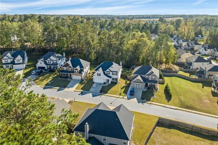 An aerial perspective showcases a vibrant neighborhood with well-maintained homes bordering lush woodlands.