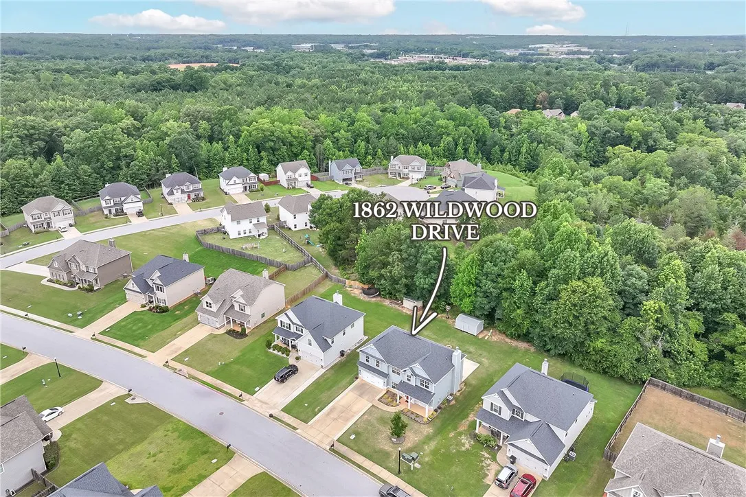 An aerial perspective reveals a harmonious neighborhood nestled against a lush, expansive forest backdrop.