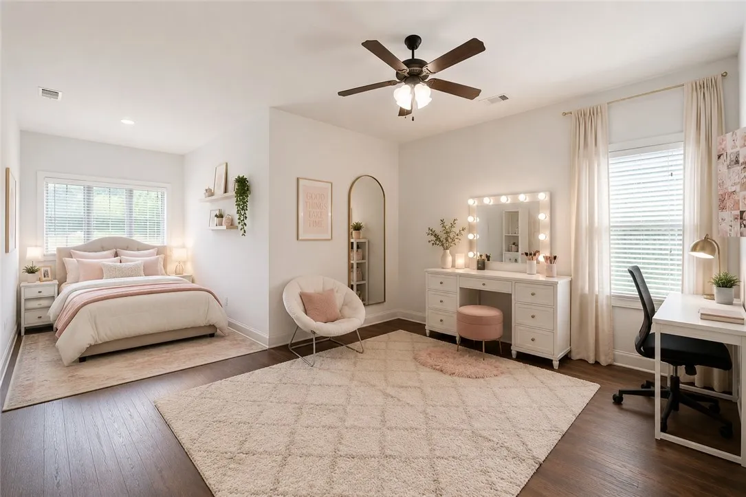 Hardwood floors and a ceiling fan create a comfortable atmosphere in this spacious bedroom. Virtually staged
