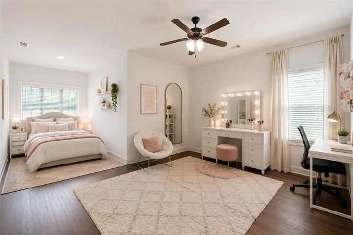 Hardwood floors and a ceiling fan create a comfortable atmosphere in this spacious bedroom. Virtually staged