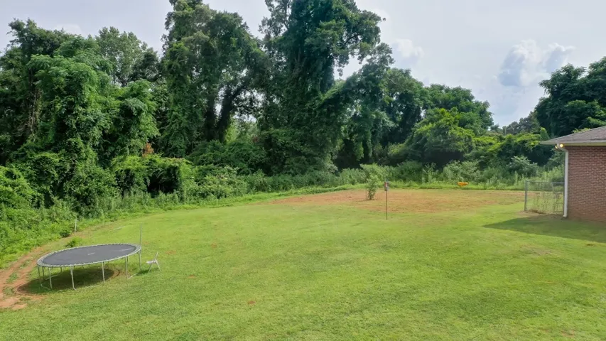 A spacious yard extends towards a dense treeline, offering ample room for outdoor recreation.