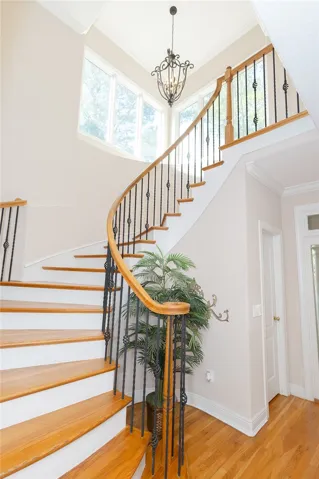A grand curved staircase with wrought iron balusters and rich hardwood steps welcomes all who enter.