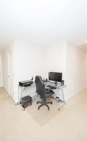 Flexible area provides dedicated workspace with soft carpeting underfoot.