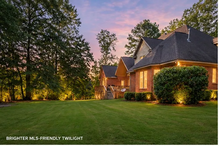 AI generated Twilight casts a serene glow on this brick home, highlighting the well-maintained landscaping and expansive green lawn.