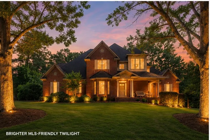 AI generated Illuminated brick architecture welcomes twilight under a vibrant sky, highlighting mature landscaping.