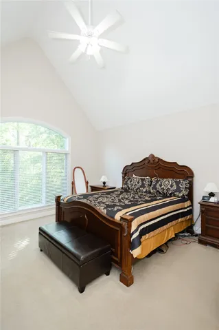 An airy primary bedroom, where high vaulted ceilings amplify natural light from an arched window overlooking lush greenery.