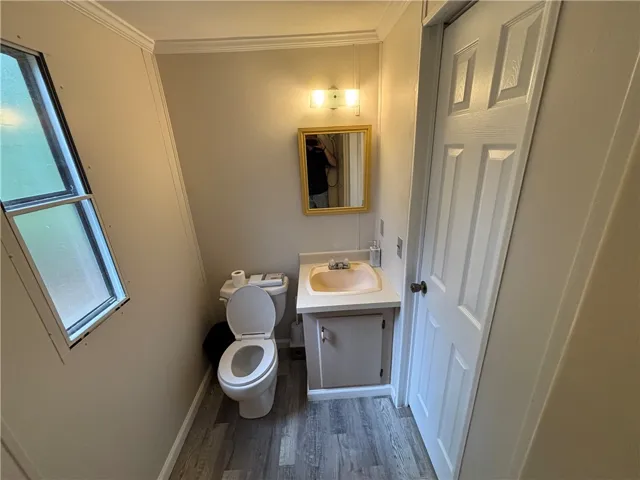 A well-maintained bathroom with wood-look flooring and a functional vanity.