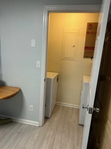 Functional laundry nook provides convenient and easy-access space for household chores.