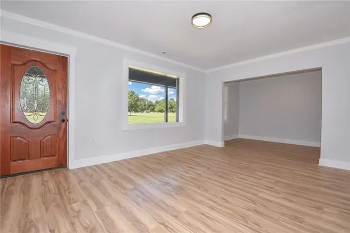 A well-lit entry with a decorative door flows seamlessly into an open living area, framed by wood flooring.
