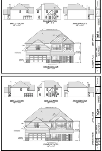 Architectural drawings showcasing front, rear, and side perspectives.