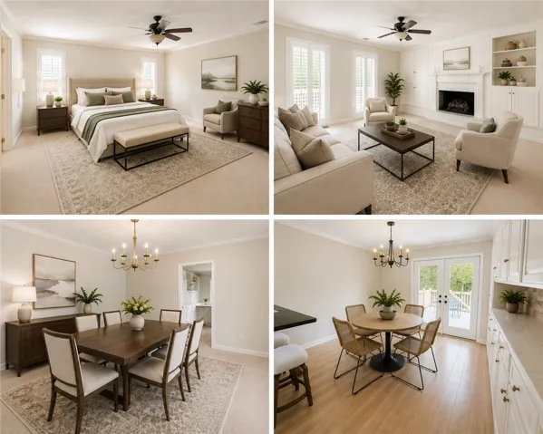 Virtually staged photo of the primary bedroom, living room, dining room and eat-in kitchen