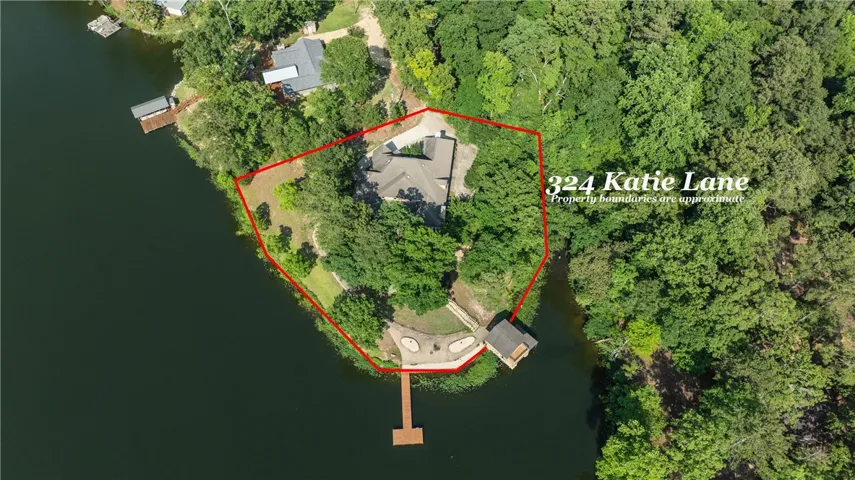 An aerial perspective reveals a private, heavily wooded lakeside property with an extended dock.
