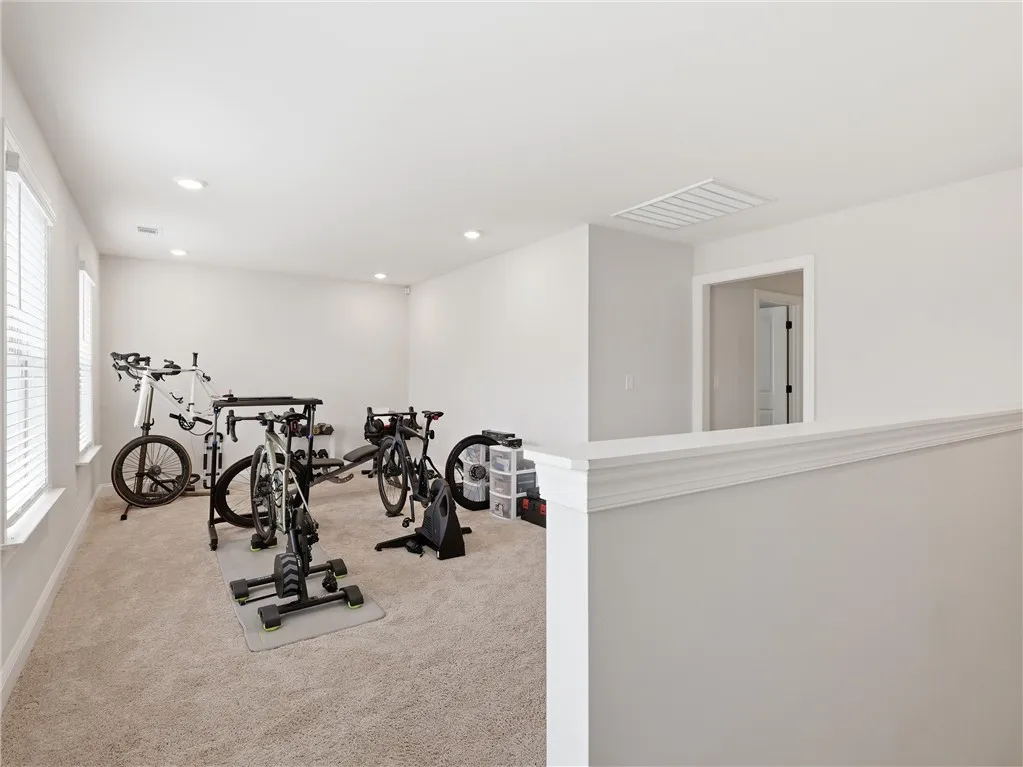 A well-lit exercise room, featuring soft carpeting and bright window light, is ready for a home gym.