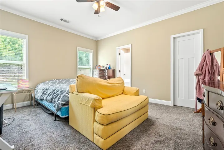 Well-lit sleeping quarters with a ceiling fan, plush carpeting, and dual windows.