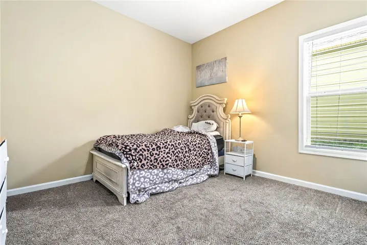 A well-lit bedroom features plush carpeting and a single window.