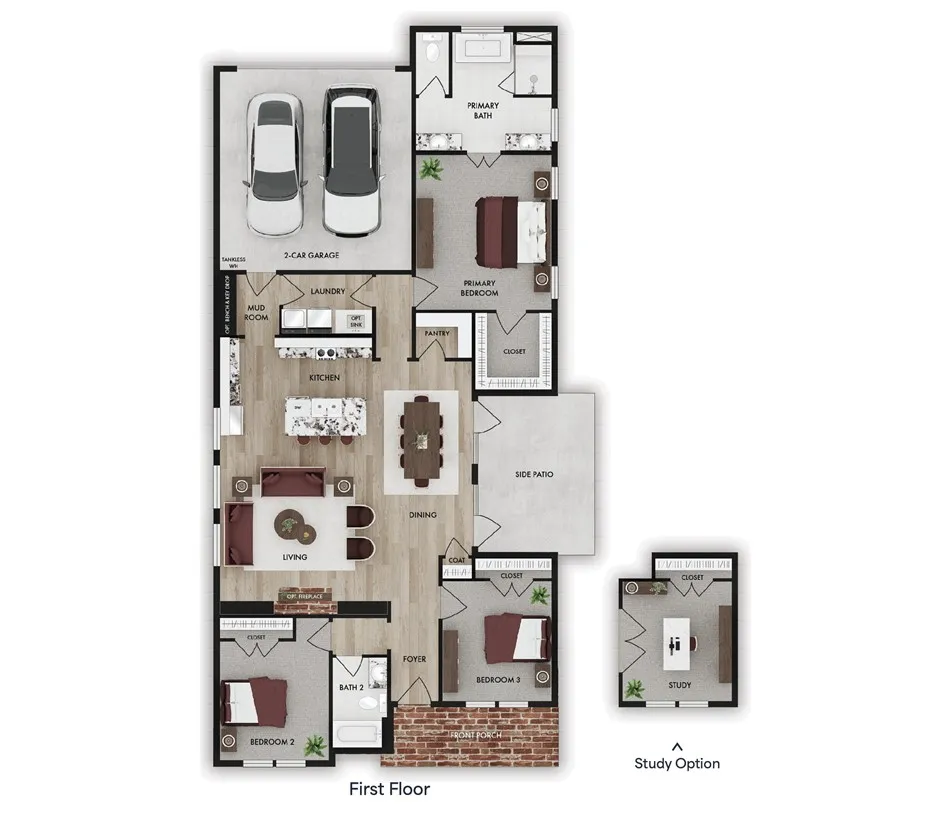 Visualize an efficient layout, featuring an integrated garage, welcoming front porch, and a private side patio.