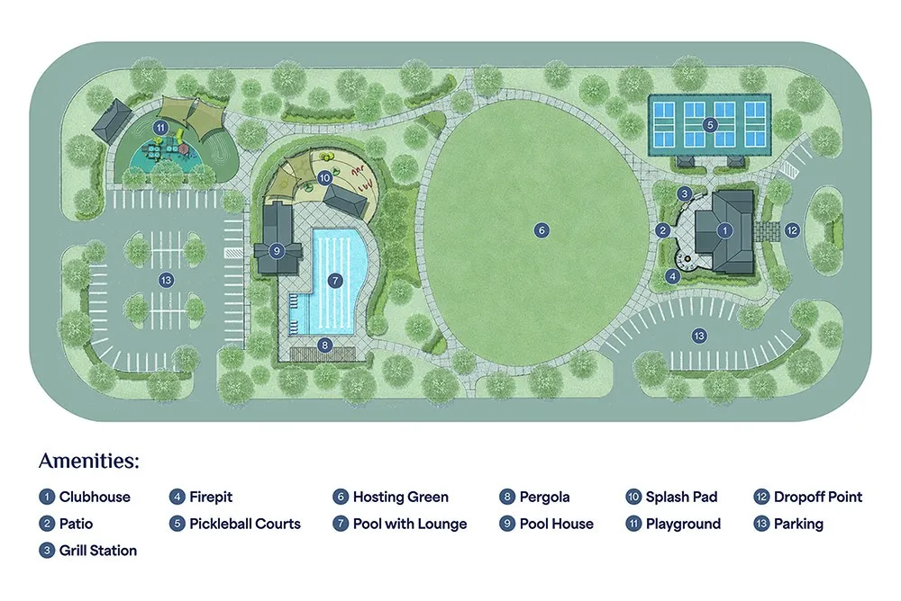A detailed community layout showcases numerous amenities, from recreational courts to inviting green spaces. Photos are not of subject property. Photos are of the same floorplan of a completed home.