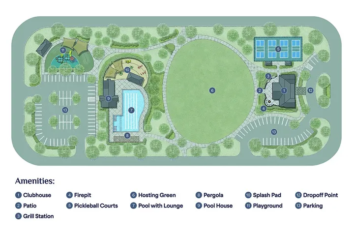 A detailed community layout showcases numerous amenities, from recreational courts to inviting green spaces. Photos are not of subject property. Photos are of the same floorplan of a completed home.