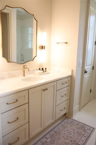 Elegant gold hardware accents a stone-counter vanity adjacent to a classic panel door.