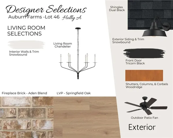 Auburn Farms Lot 46 - Designer Selections - Exterior & Living Room Selections - All plans, pricing, and specifications are subject to change without notice.