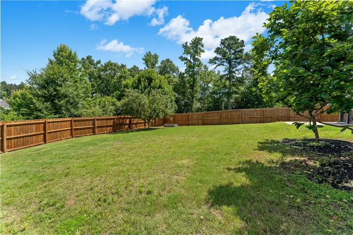 A spacious, enclosed backyard offers a verdant expanse for outdoor enjoyment.