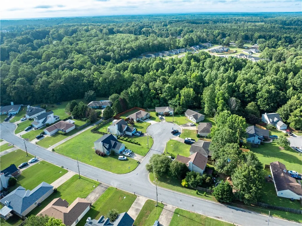 An aerial perspective reveals a peaceful suburban neighborhood surrounded by vast, verdant woodland.