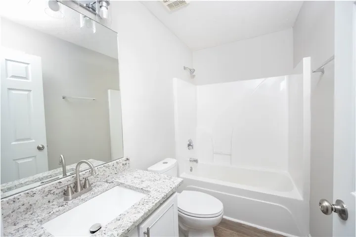 The guest bath has new counters, commode, flooring, fixtures, and lighting.
