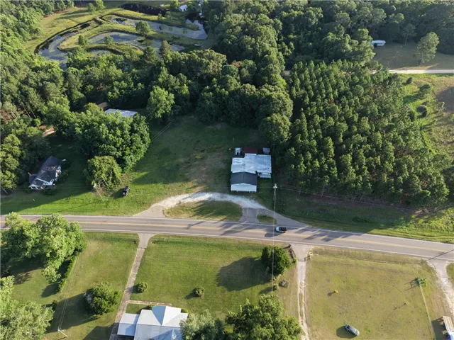 An aerial perspective reveals a winding road, lush green properties, and a serene waterway bordering dense woodlands.
