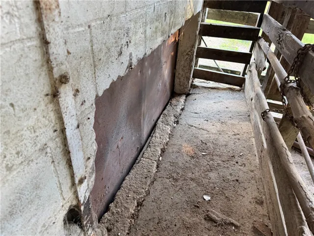 The rustic steps lead down to a concrete floor, framed by a textured concrete wall.