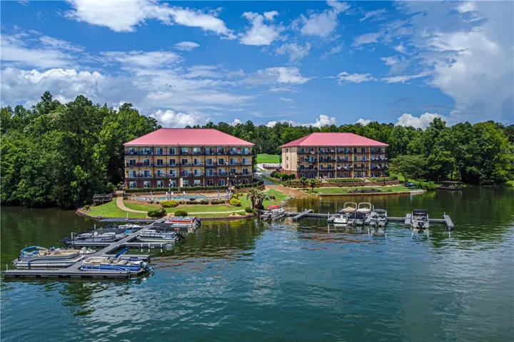Boasting waterfront residences with private boat slips, this property offers direct lake access and outdoor amenities.