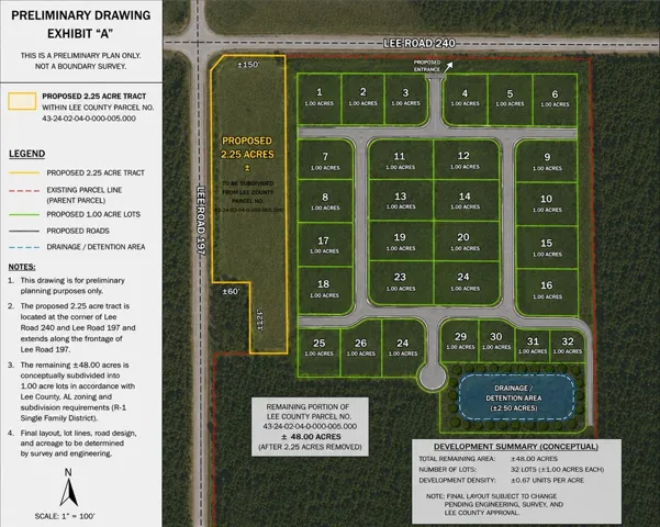 Visualize potential layouts and land divisions with this detailed conceptual development plan.
