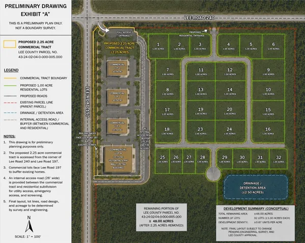 A comprehensive conceptual site plan outlines commercial and residential lots, complete with proposed roads and drainage areas.