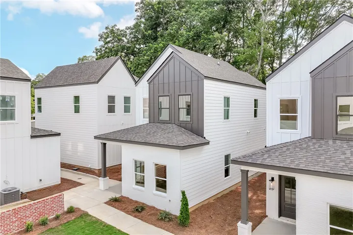 These modern homes feature clean lines and board-and-batten siding.