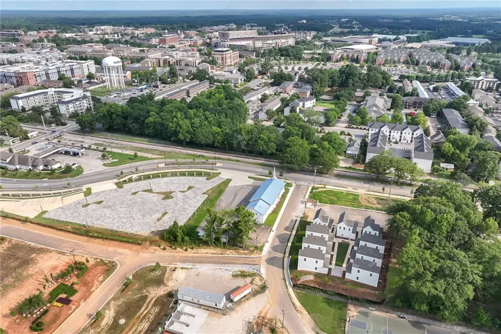 An aerial panorama reveals a dynamic urban landscape, blending residential pockets with community amenities.