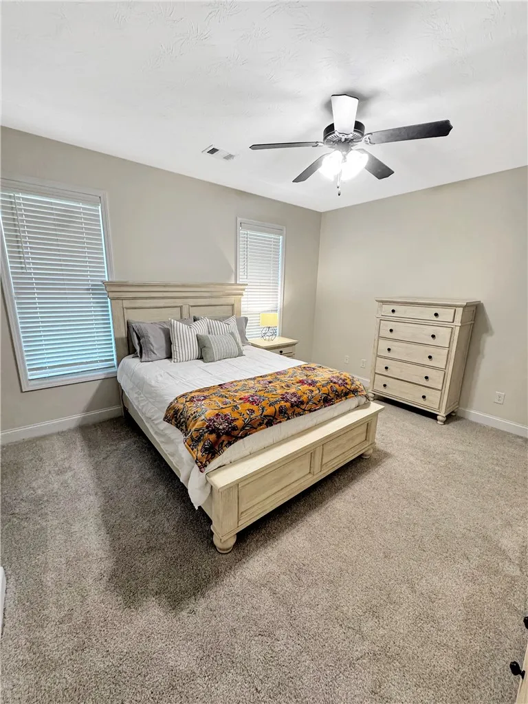 A well-lit bedroom features plush carpeting and a convenient ceiling fan for ultimate comfort.