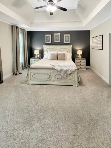 Luxurious comfort awaits in this well-appointed bedroom featuring a tray ceiling and plush carpeting.