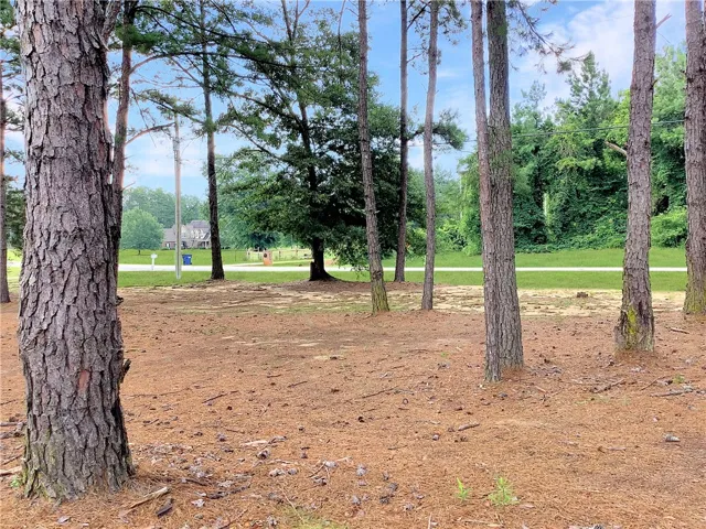 Mature trees and lush greenery offer a secluded setting for this property, with a distant house visible.