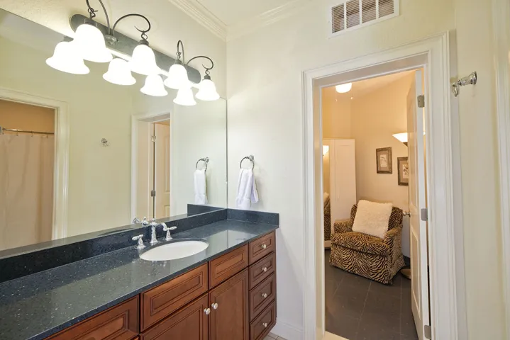 Rich wood cabinetry and a dark stone countertop elevate this bright bath space.