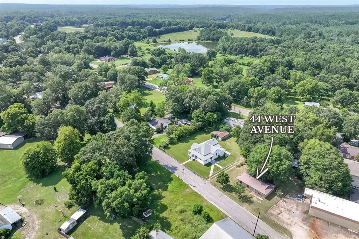 An aerial perspective showcases a residential area surrounded by mature trees, with a distant lake adding to the natural setting.