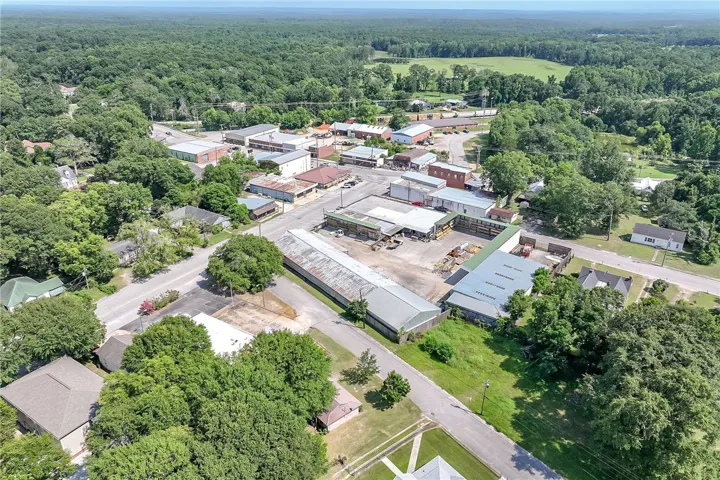 An aerial panorama reveals a small town nestled among verdant trees and open fields.