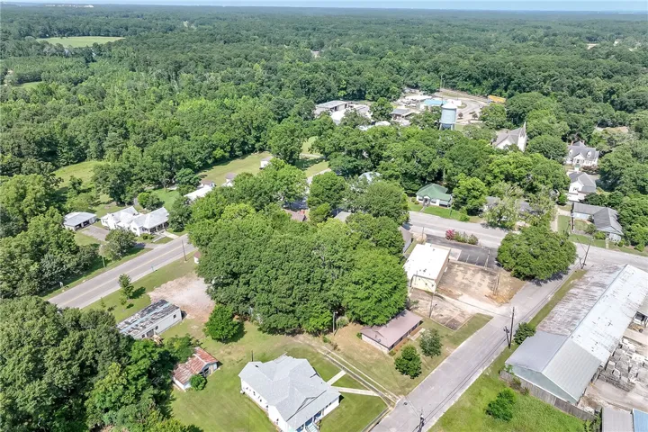 An aerial panorama reveals a small town nestled among a vast expanse of verdant trees, offering a tranquil setting.