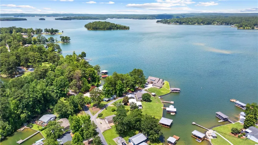 Discover picturesque lakeside living with multiple docks and lush green shorelines.