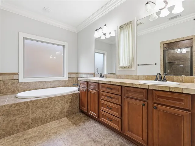Luxurious primary bath features a spacious soaking tub, dual vanities, and a walk-in shower.
