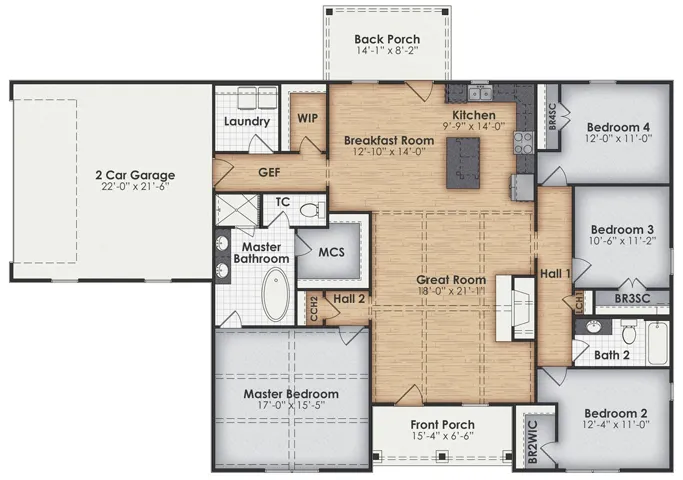 A well-designed floor plan details a spacious layout featuring a great room and a master bedroom suite.